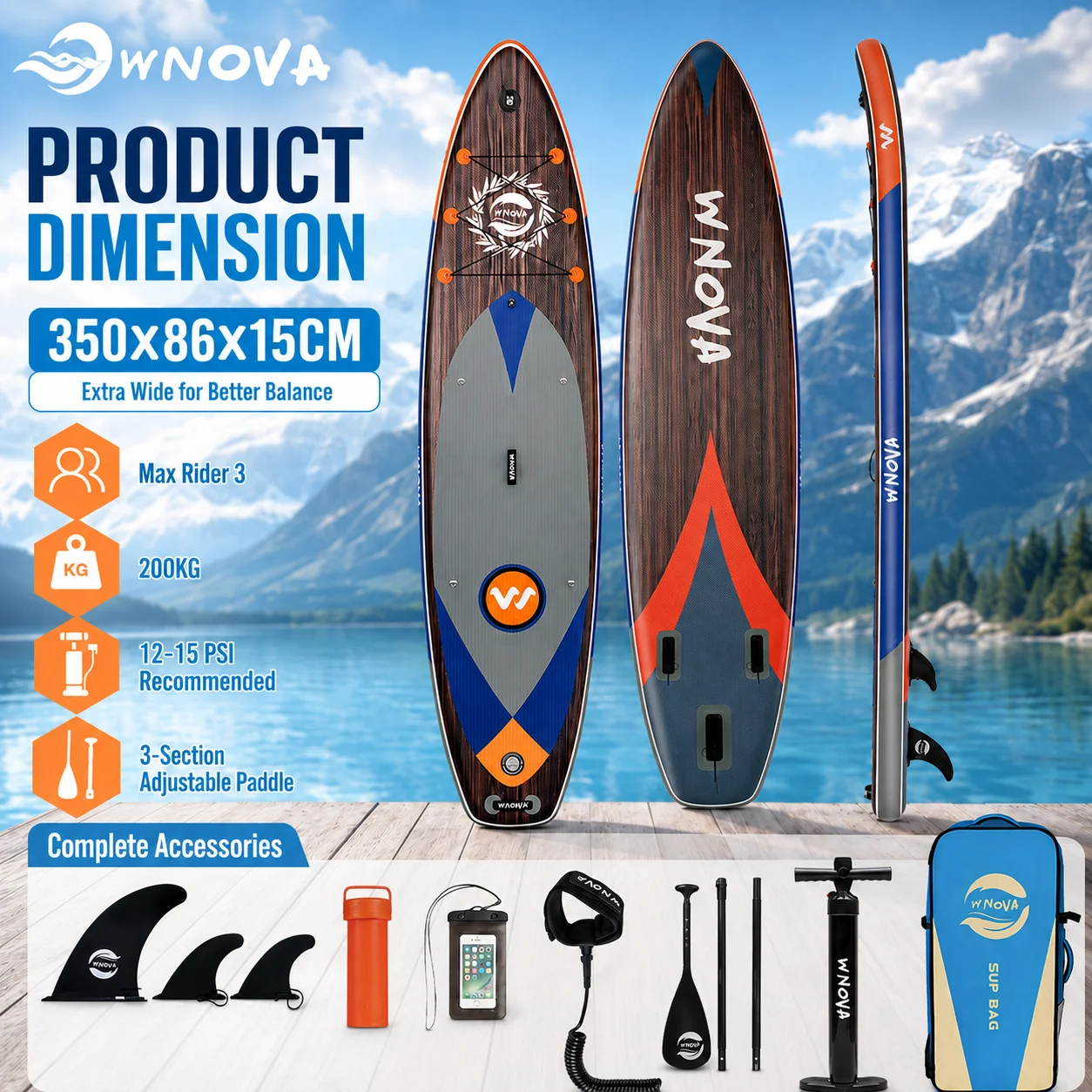Planche à pagaie gonflable SUP WNOVA 350*86*15cm, planche de station aquatique d'extérieur avec accessoires complets, adaptée au yoga aquatique, au fitness, à la pêche, à la plage et à la navigation sur le lac, facile à transporter, adaptée aux débutants