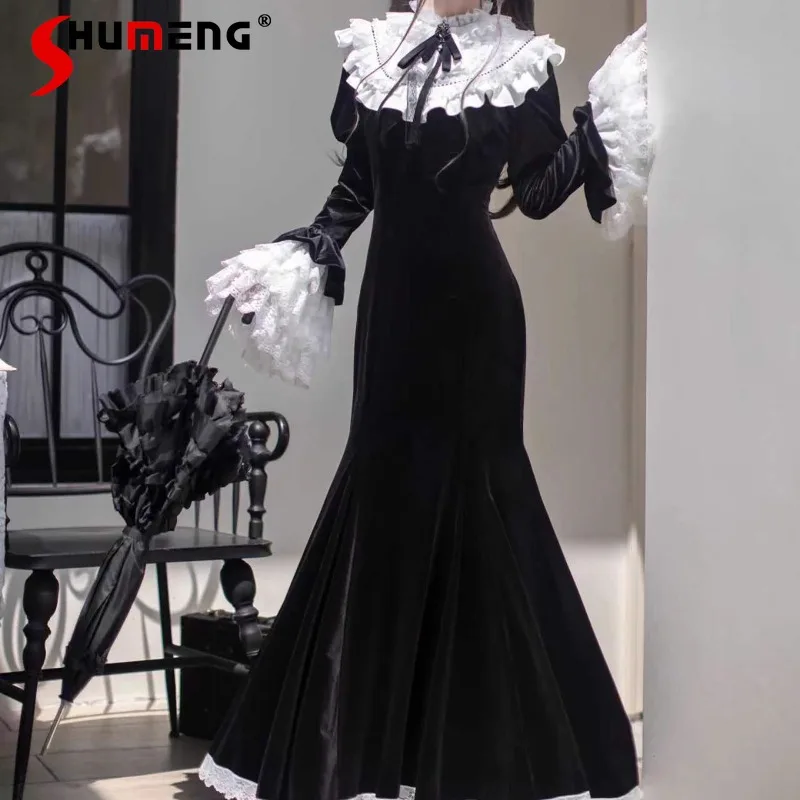 

Japanese Y2k Gothic Style Velvet Black Elegant Mermaid Dress Lolita Classic Dark Black Dresses Long-sleeves Slimming Vestidos