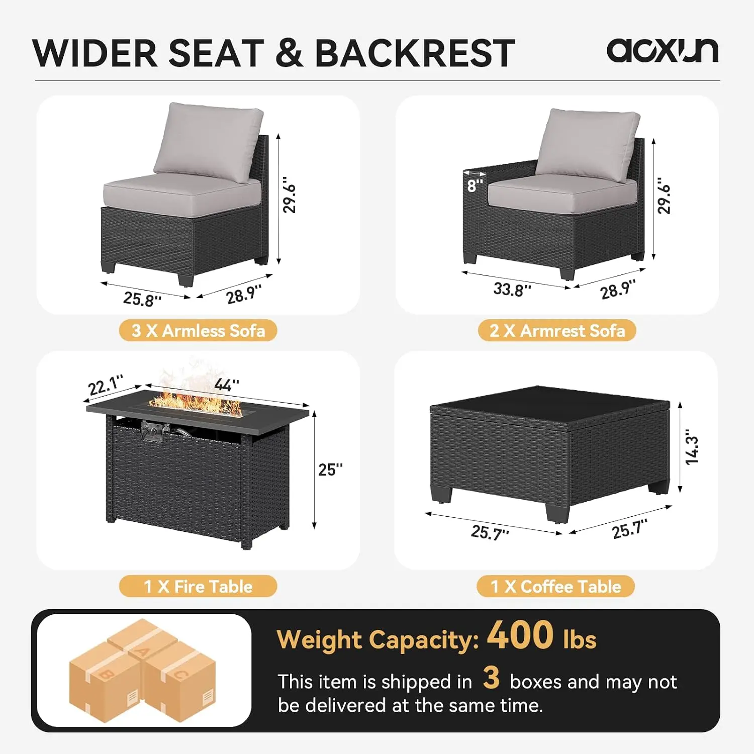 Outdoor Furniture Set 44in Fire Pit Table, 7 Pcs Sectional Sofa 4in Cushion, Wide Armrest Wicker Backyard, Grey, Customized