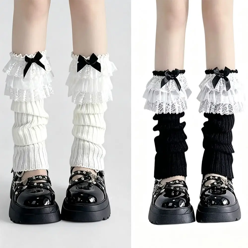 New Ruffled Bow Lace Leg Warmers Tiered Lace Trim Knitted Leg Warmers Sweet Gothic Style Calf Leg Warmers Girls Women