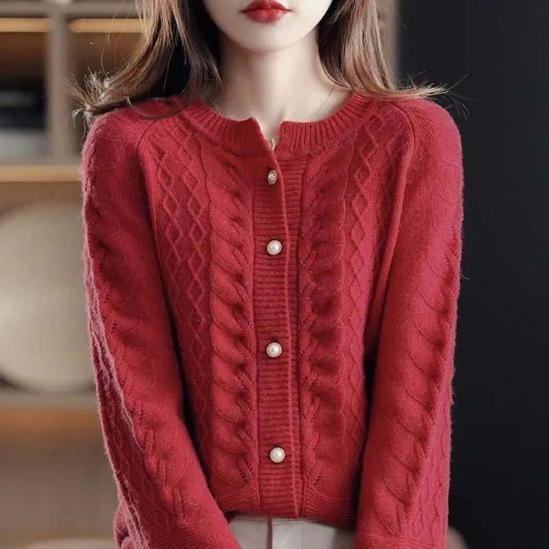 Retro Cable Wool Knitting Cardigan Women\'s Coat Spring And Autumn 2023 New Loose Temperament Sweater Take Out Female Tops