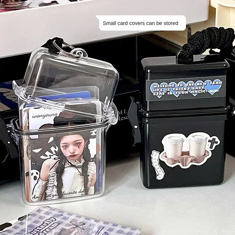 Transparent Photocard Holder Photo Storage Box Twith Rope Card Holder Plastic Square Dustproof Waterproof Box Desk Accessories