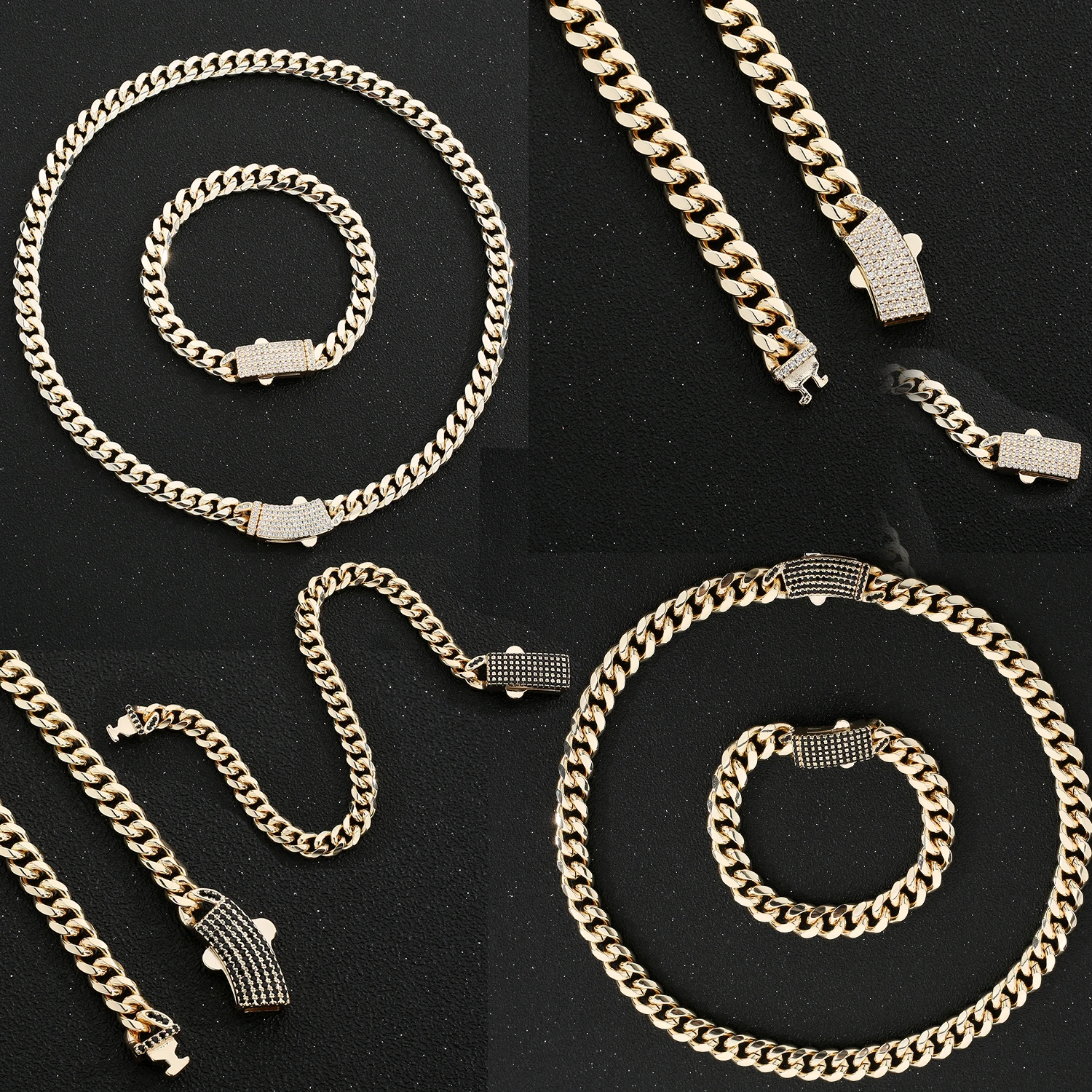 Classic luxury jewelry with black and white zircon inlay, 14K gold-plated copper bracelet and necklace, an elegant choice for da