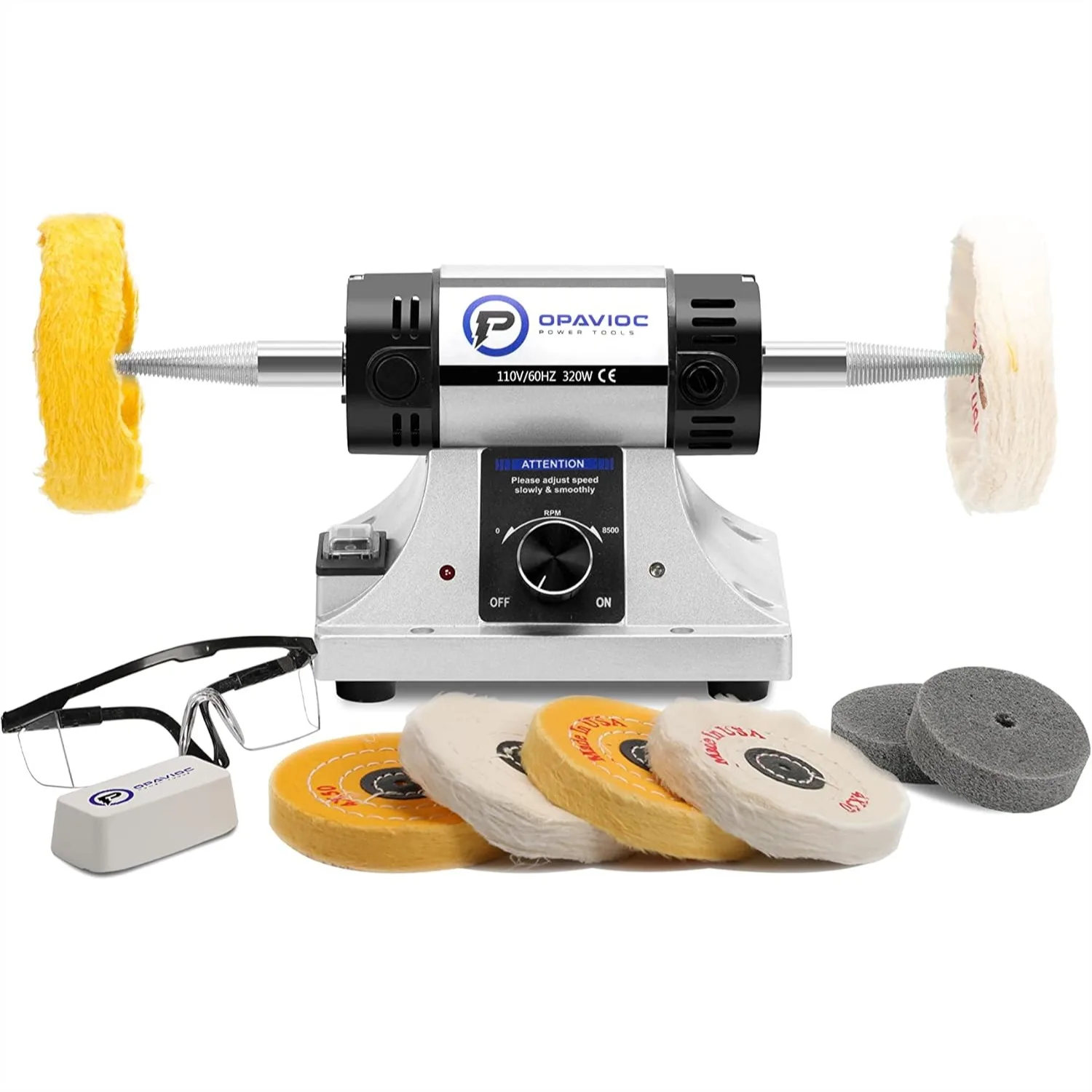 

Variable Speed Bench Grinder Polisher for Jewelry, 320W Motor 1750-8500 RPM with 6 Cloth Wheels & 2 Fiber Wheels