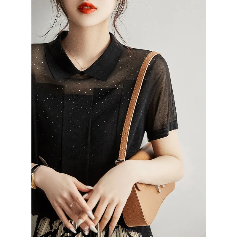 

Ele European Sle Hollow out Ice Silk Knitted Top Women's Faion Summer Sun Protection Loose Fit ort Sve T-irt