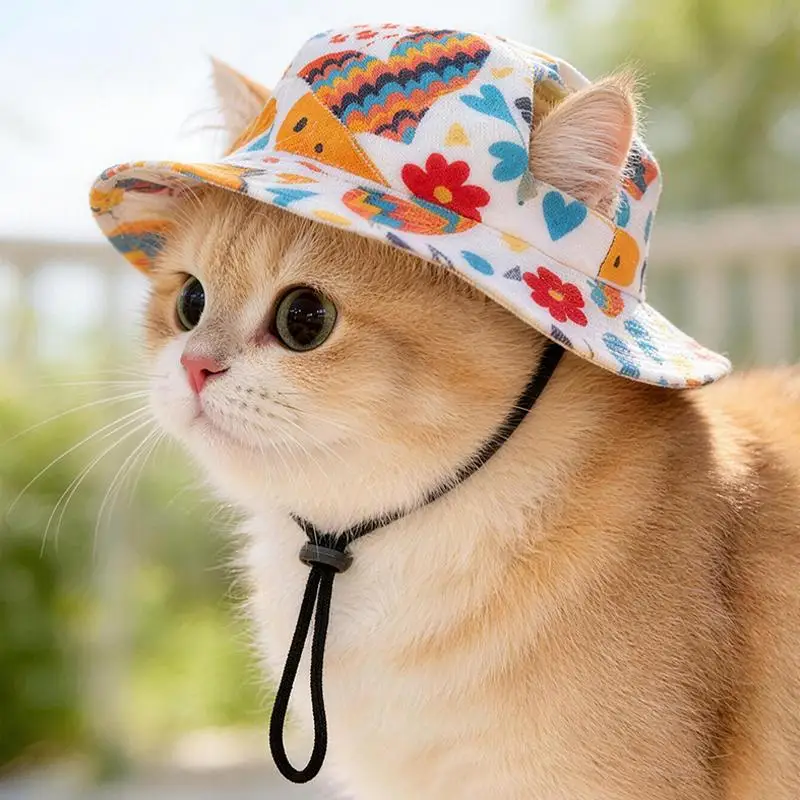 Kitten Sun Hat Summer Cat Fisherman Cap UV Blocking Adjustable Hat for Outdoor Walks and Safe Sunny Days