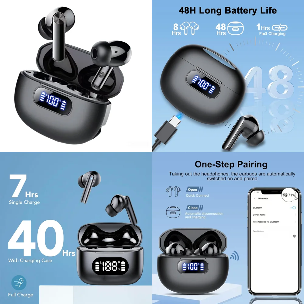 

UYUXIO TWS Wireless Earbuds Clear Calls BT 5.4 Headphones with 48H Play Time HiFi Stereo Ear Buds IP7 Waterproof for Phones