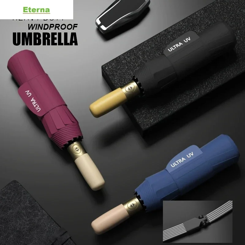 Heavy Duty 12 Ribs Windproof Umbrella Wooden Handle Large Canopy All-Weather Folding for Men Luxury Business Travel