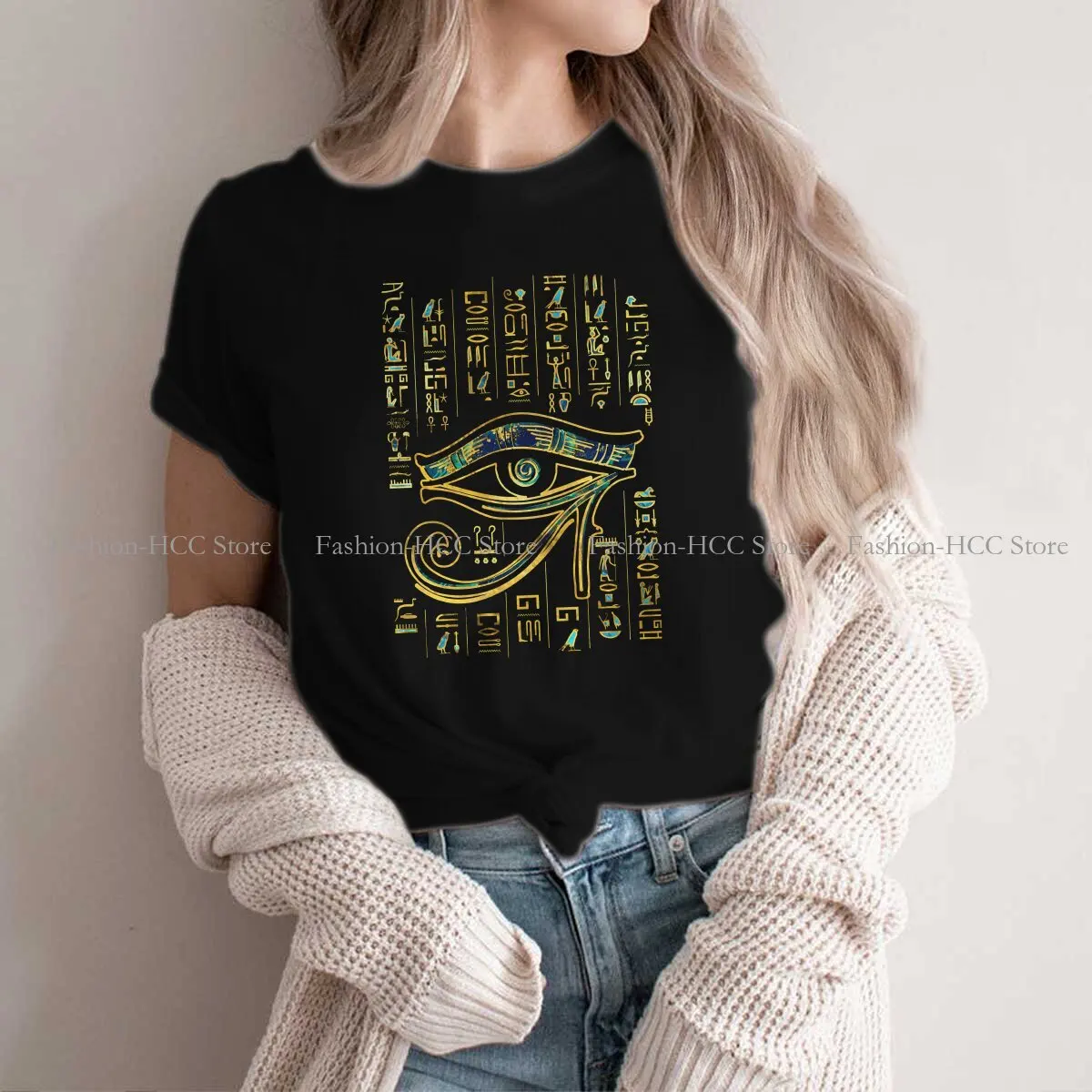 Eye of Horus On Hieroglyphics Gold And Marble Round Collar TShirt Ancient Egypt Culture Original Polyester T Shirt Women Clothes