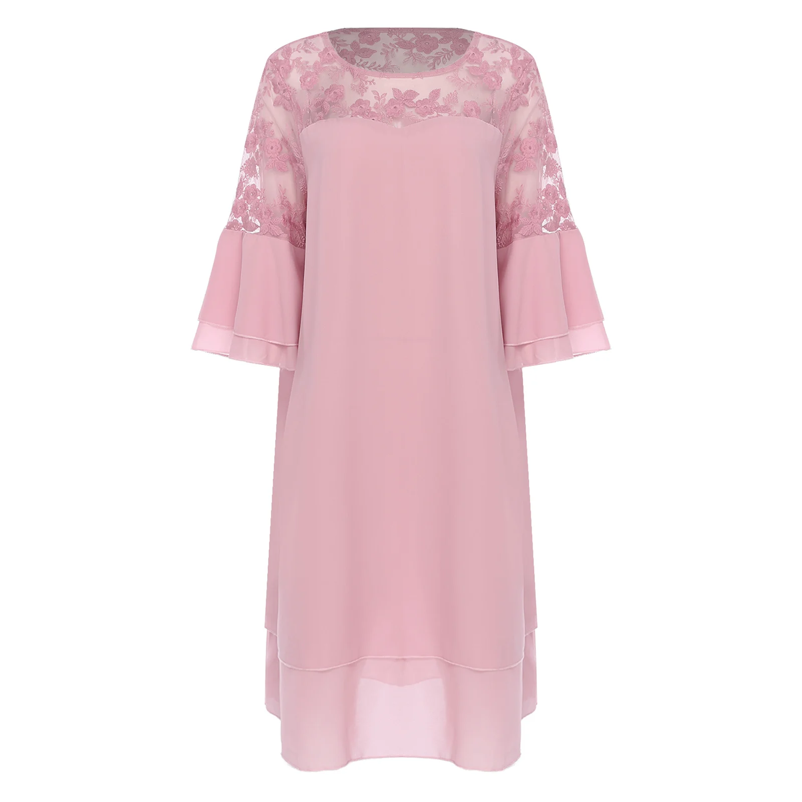 

Women Elegant Solid Color Round Collar Mid-length Flared Sleeves Lace Embroidery Patchwork Oversize Calf Length Party Dress