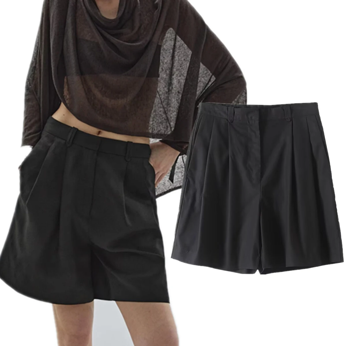 

Maxdutti French Lazy Cotton And Linen Loose Shorts Pants Women Black Minimalist Pleated Harem Shorts Bermuda Women