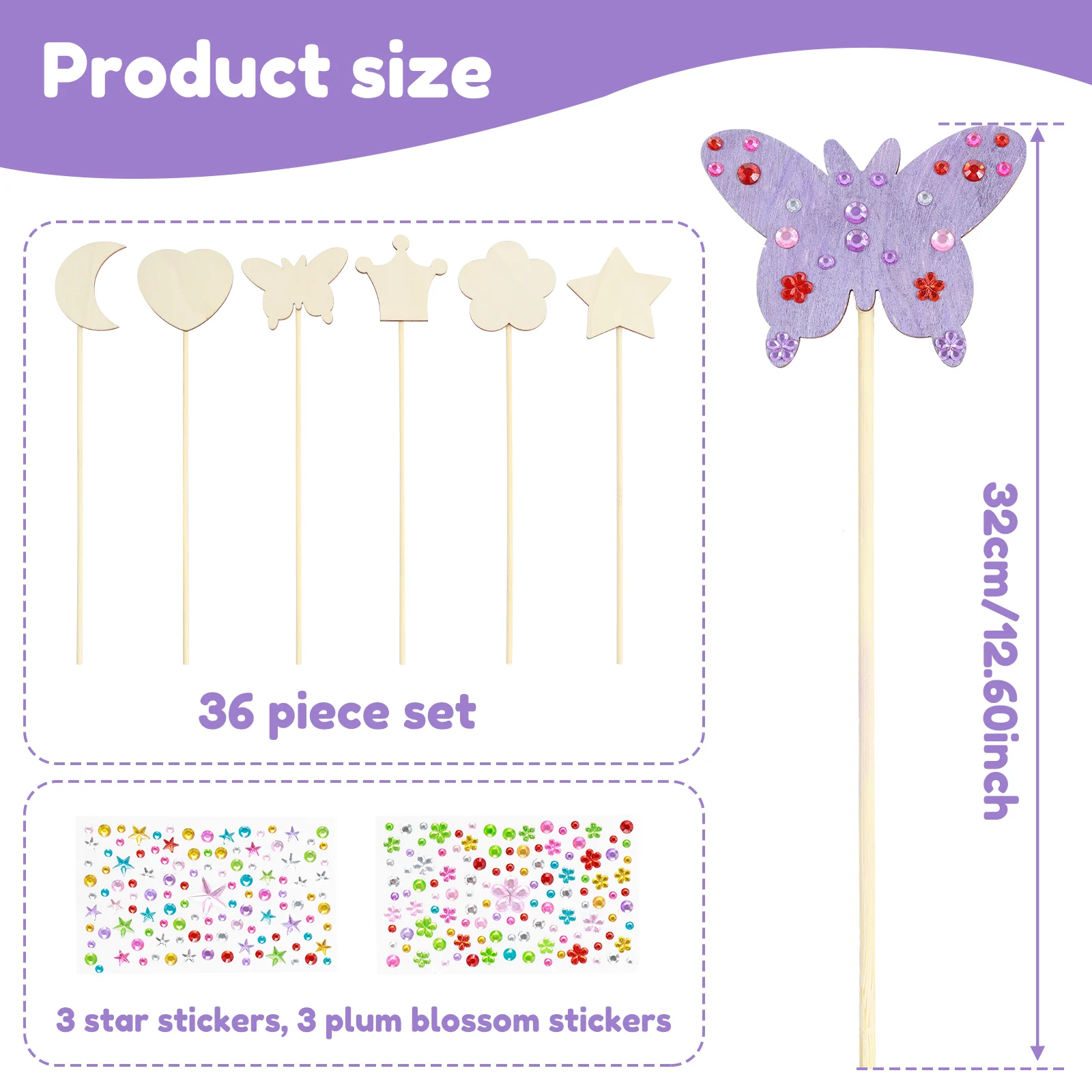 24/36 Pcs DIY Princess Fairy Wands Kit Unfinished Wood Princess Fairy Wand with Gem Stickers 6 Styles Magic Wand Crafting Kits