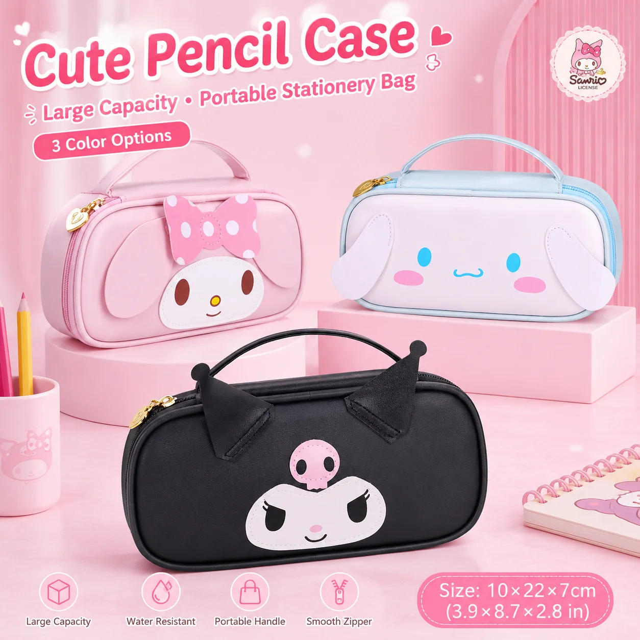 Sanrio Cute My Melody Pink PU Leather Handheld Large Capacity Pencil Case Student Big Storage Pencil Bag Portable Stationery Bag