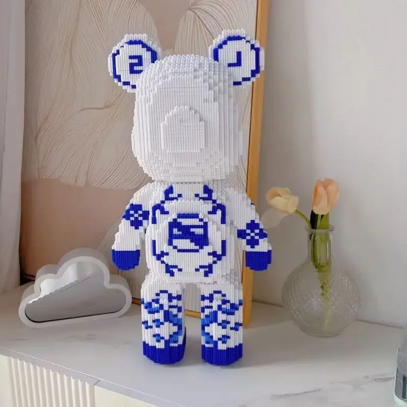 Chinese Style Blue and White Porcelain Violent Bear Building Block Small Particle Assembly Children\'s Puzzle Toy