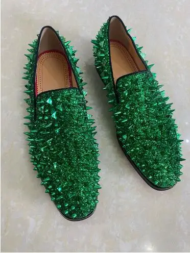 Hot Green Gold Long Spike Rivet Glitter Round Toe Flat Loafers Man Fashion Slip On Shallow Low Top Outdoor Casual Shoes Size 47