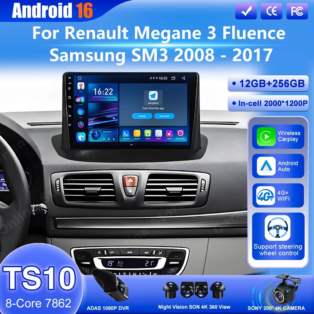 

Android 16 Raido For Renault Megane 3 Fluence Samsung SM3 2008 - 2017 Auto Multimedia Video Player Navigation GPS Carplay 4G BT