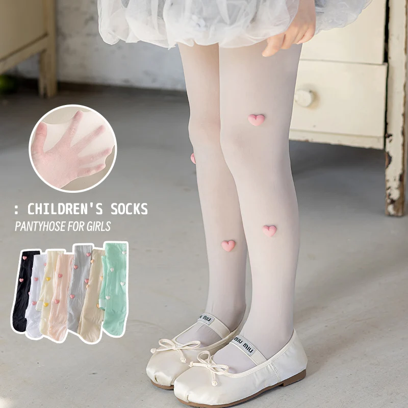 Adorable Kids Girls Transparent Footed Tights Delicate Stereo Macaron Heart Ornament Skin-Friendly Elastic Breathable Pantyhose