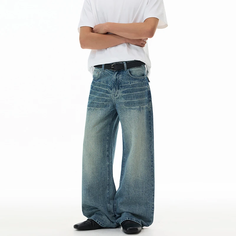 Men's Vintage Blue Baggy Jeans Wide Leg Straight Fit Washed Denim Pants Casual Relaxed Streetwear Trousers Buttoned Back Pockets