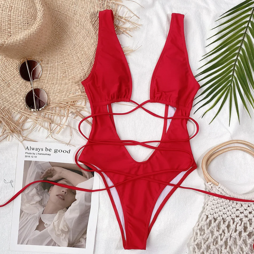 Sexy Bandage-Badeanzug mit Wickeldesign, tiefem V-Ausschnitt und Cut-Outs, einteiliger Monokini-Badeanzug für Damen, Badebekleidung, Badeanzug, Modell V1037 – Detail 32