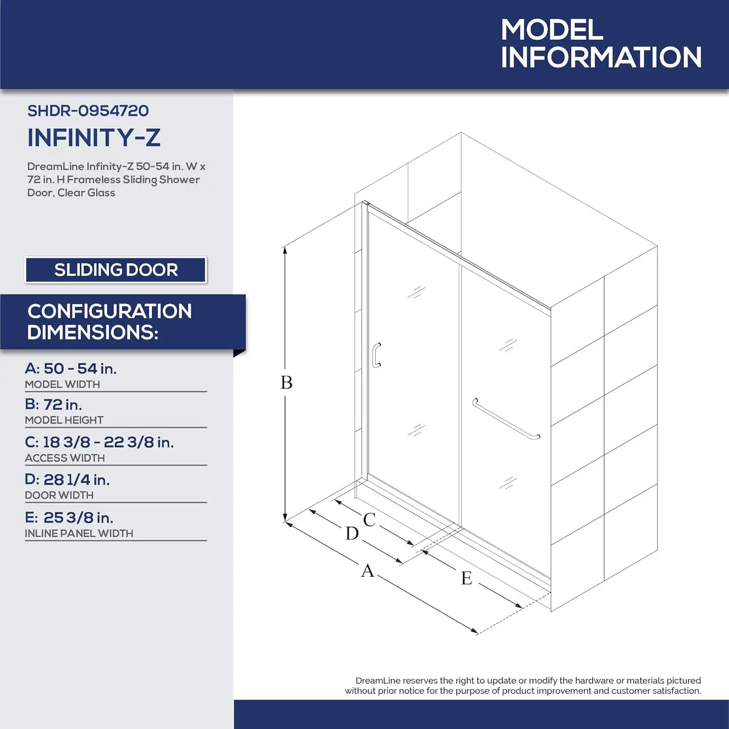 Infinity-Z 50-54 In. W X 72 In. H Semi-Frameless Sliding Shower Door, Clear Glass In Chrome, Shdr-0954720-01