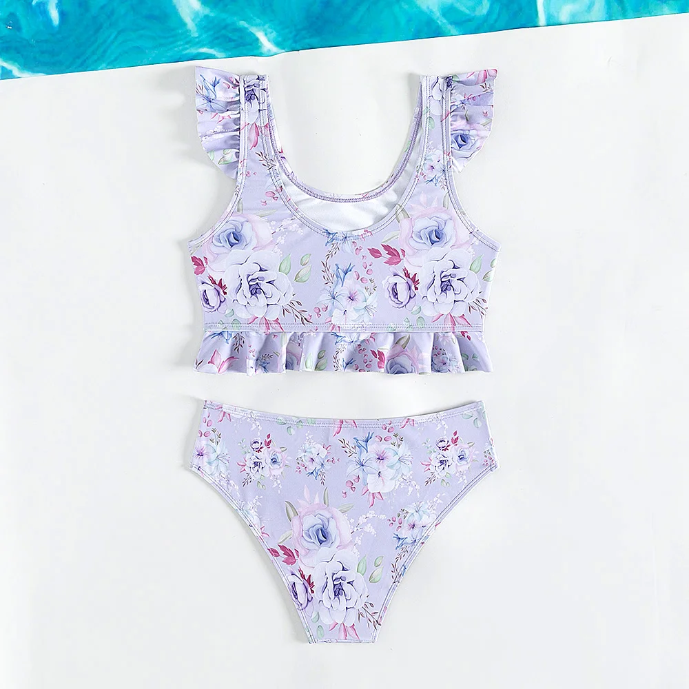 Meisjes Tweedelige Badmode Met Bloemenprint Paarse Bikini Set Met Ruches En Vlieg Mouw Badpakken Zomer Meisjes Strandkleding 5-14 Jaar