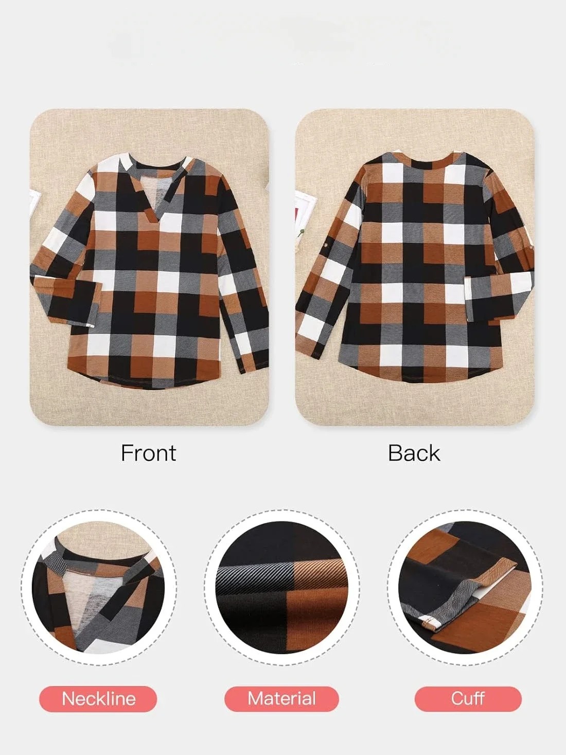 Shirt Womens Basic Casual V Neck Plaid Print Cotton Cuffed Long Sleeve Work Tops Blouses Shirts S-5XL