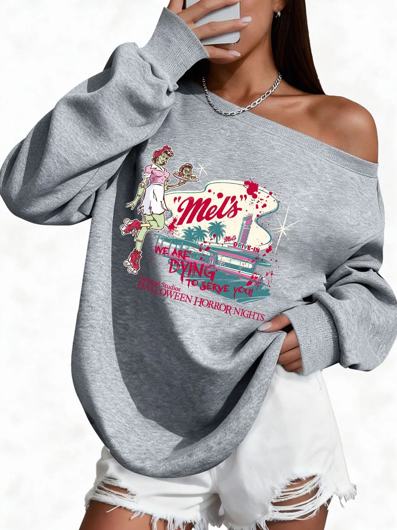 Plus Size 50% Cotton Vintage Horror Retro Graphic Print High Quality Women'S Off-Shoulder Wide Neck Sweatshirt Warm Casual Tr