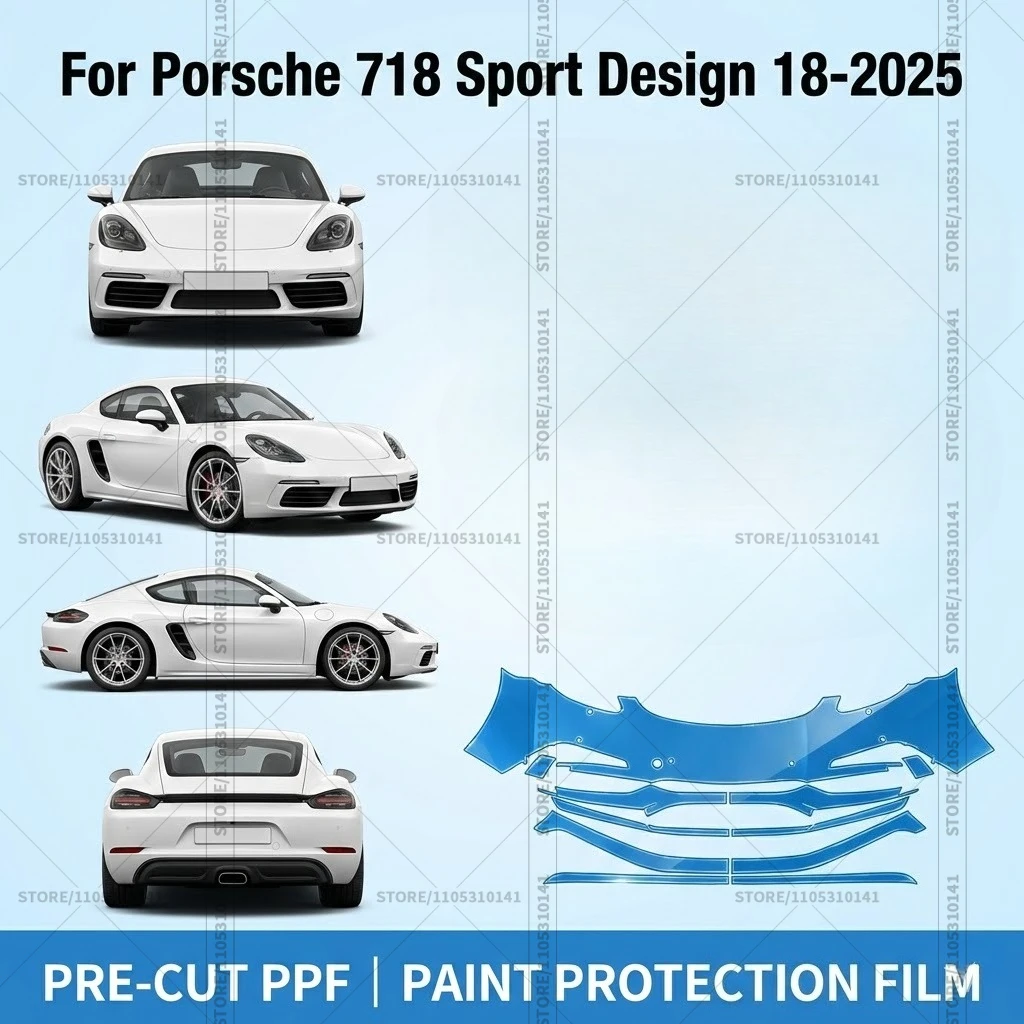 

Предварительно нарезанная прозрачная защитная пленка PPF для автомобиля, автомобильная пленка PPF для переднего бампера Porsche 718 Sport Design 18-2025
