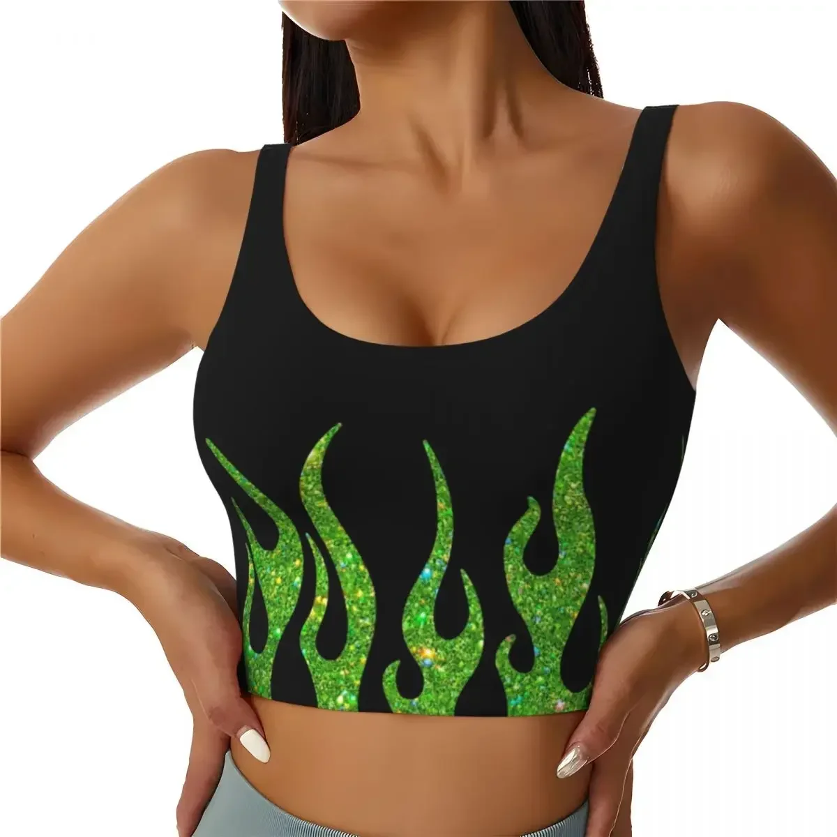

Custom Green Glitter Flames Workout Crop Tank Tops for Women Seamless Vintage Fire Aesthetic Yoga Running Sports Bras