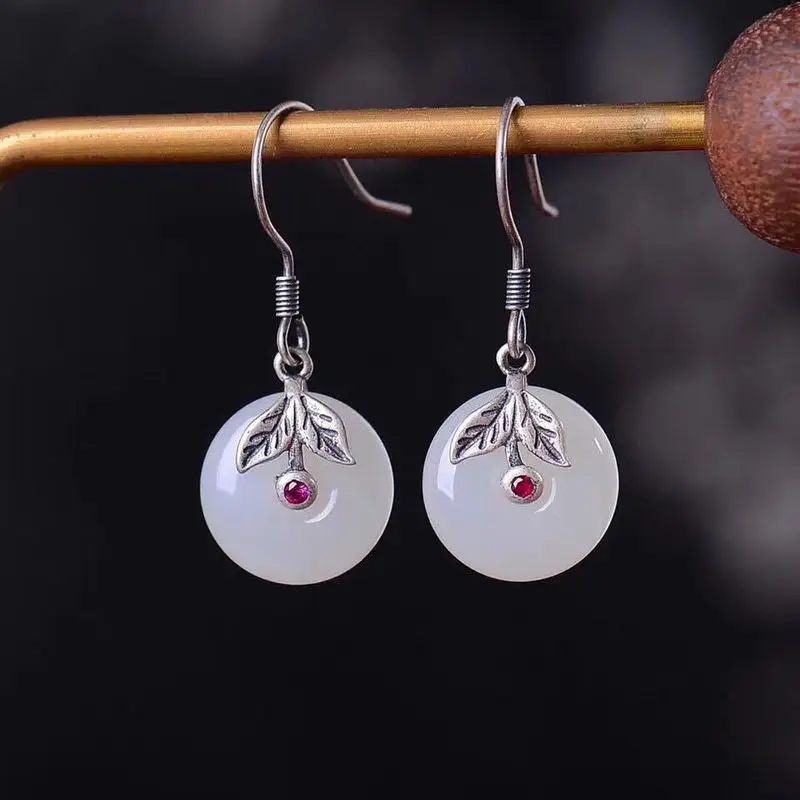 925 Silver Inlaid Hetian White Jade Peace Pendant With Colorful Rhinestones, Women'S Earrings