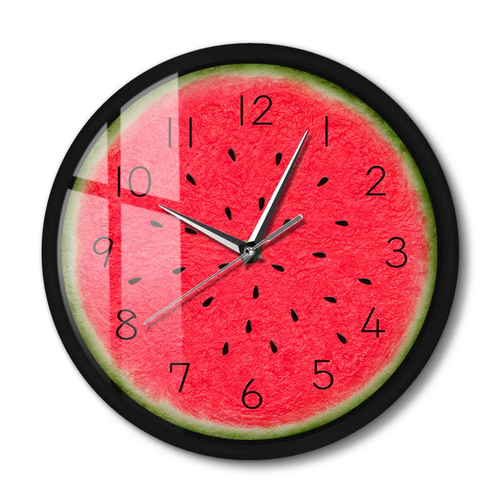 Summer Time Watermelon Modern Metal Frame Wall Clock Tropical Fruit Silent Quartz Wall Clock Restaurant Kitchen Wall Art Decor