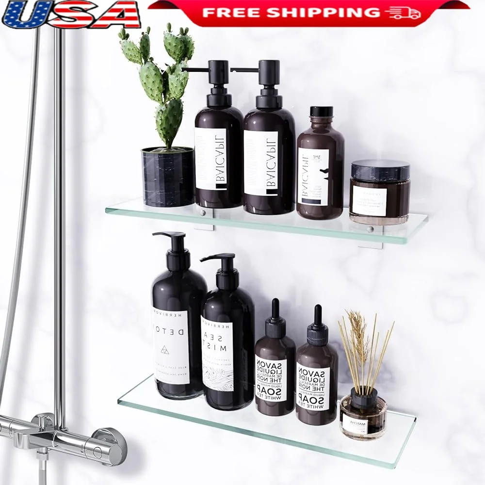 

Bathroom Wall Mounted Glass Shelves Floating Organizer Strong Adhesive Installation 2 Tier Tempered Safety Durable Shelves Rust