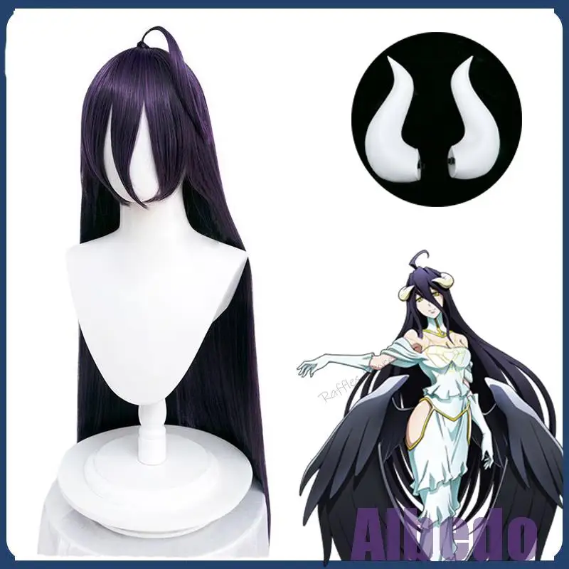 

Albedo Cosplay Wig Anime Overlord Cosplay Albedo Wigs Deep Purple Black Wig Horns Heat Resistant Synthetic Wigs + Wig Cap 100cm