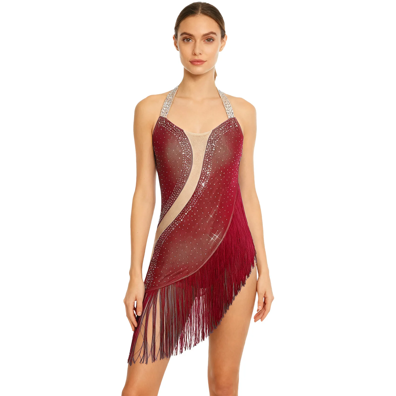 

Womens Latin Cha-cha Dance Dress Rhinestone Halter Backless Tassel Irregular Hem Skirted Leotard Bodysuit Tango Dance Costume