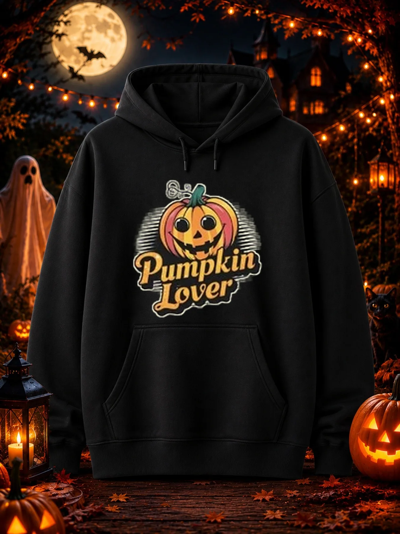Men's Printed Hoodie: Cute Grinning Pumpkin Lantern with Green Stem on Top, Paired with Retro-Style Warm Orange Text 