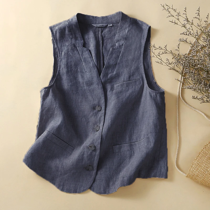 M‑2XL Women Summer Cotton Linen Vest Sleeveless Jacket Korean V‑Neck Loose Waistcoat Cardigan Elegant Streetwear Casual Coat
