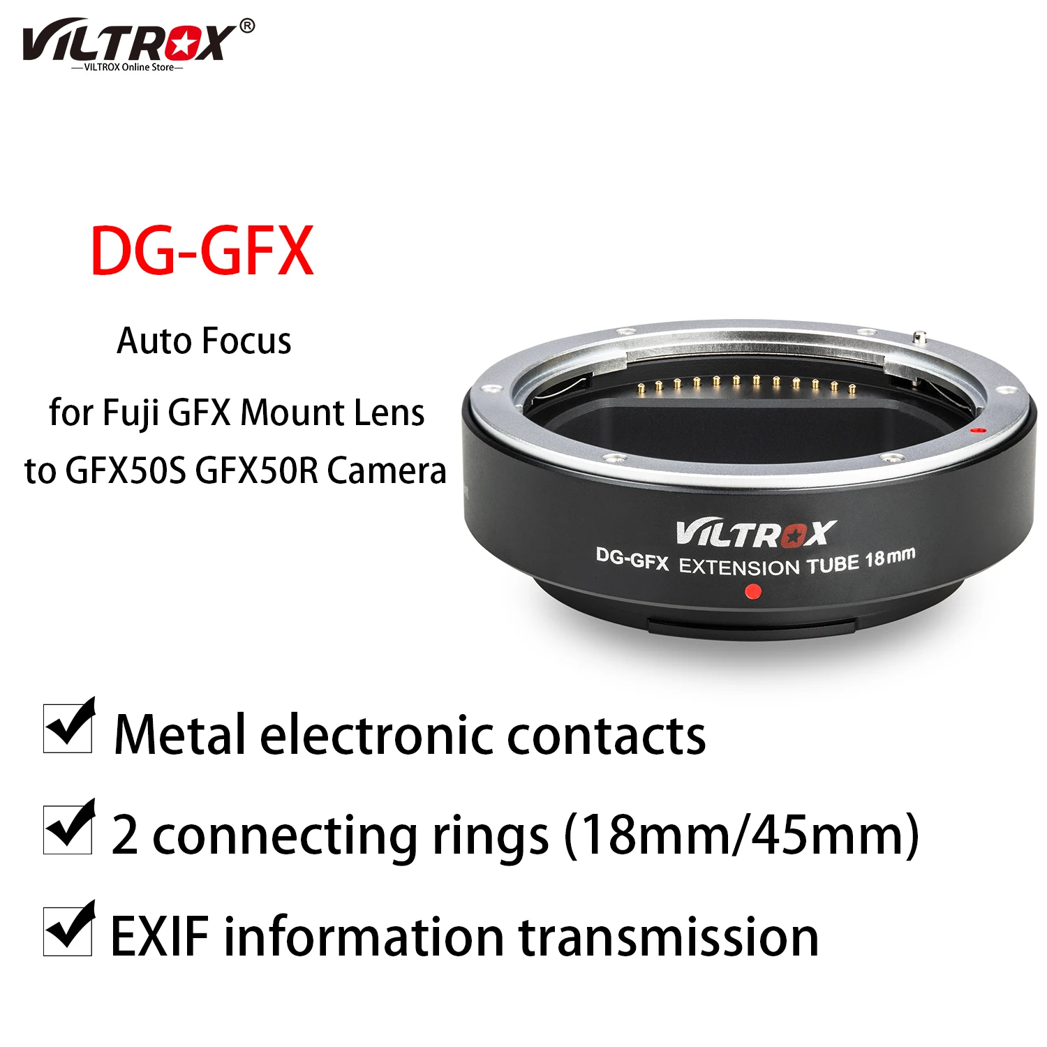 

VILTROX DG-GFX 18MM Macro Extension Tube Auto Focus Lens Adapter Ring for Fujifil Fuji GFX Mount Lens and Camera GFX50S GFX50R