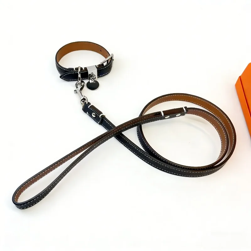 Luxury Genuine Leather Dog Collar with Leash Set Palm Grain Cowhide for Small Dogs and Cats Fashion Social Outfit