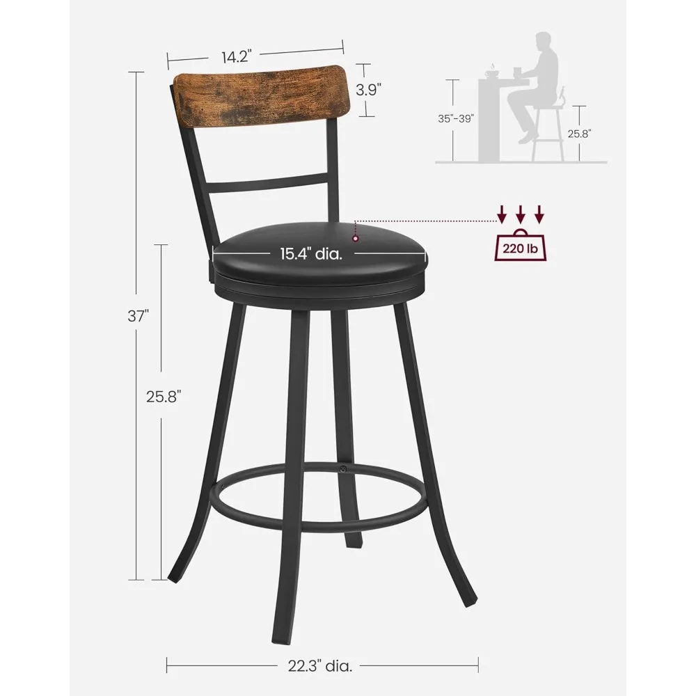 Swivel Bar Stool Counter Height, 25.8 Inch Barstool Chair with Back, Upholstered Cushioned Seat and Footrest, Easy Assembly