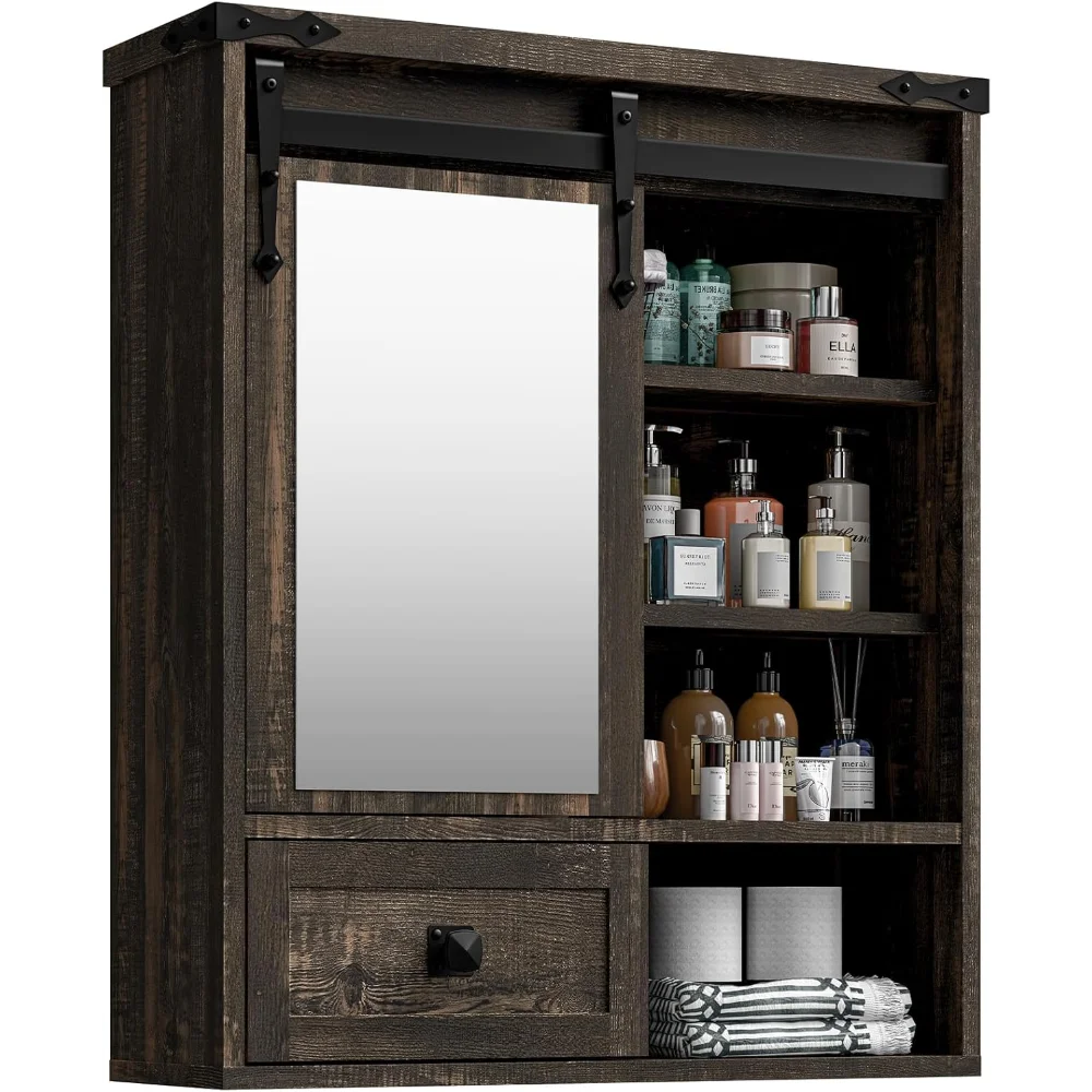 

Bathroom Wall Cabinet, Farmhouse Medicine Cabinet with Sliding Mirror Door and Adjustable Shelves