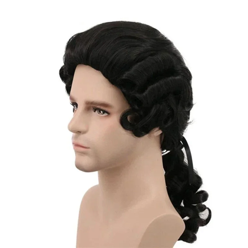 Grey White Black Lawyer Judge Baroque Curly Male Wigs Cosplay Costume Deluxe Historical Long Synthetic Wig For Halloween