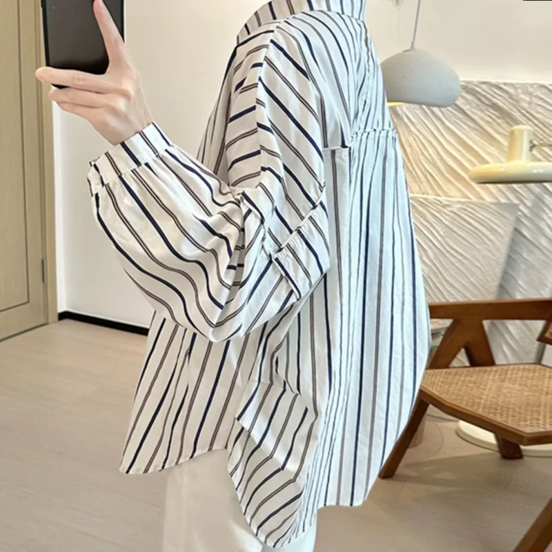 

Женская рубашка больших размеров, весенне-осенняя, в полоску, с длинным рукавом, повседневная верхняя одежда, с отложным воротником, удобная посадка, для повседневной носки