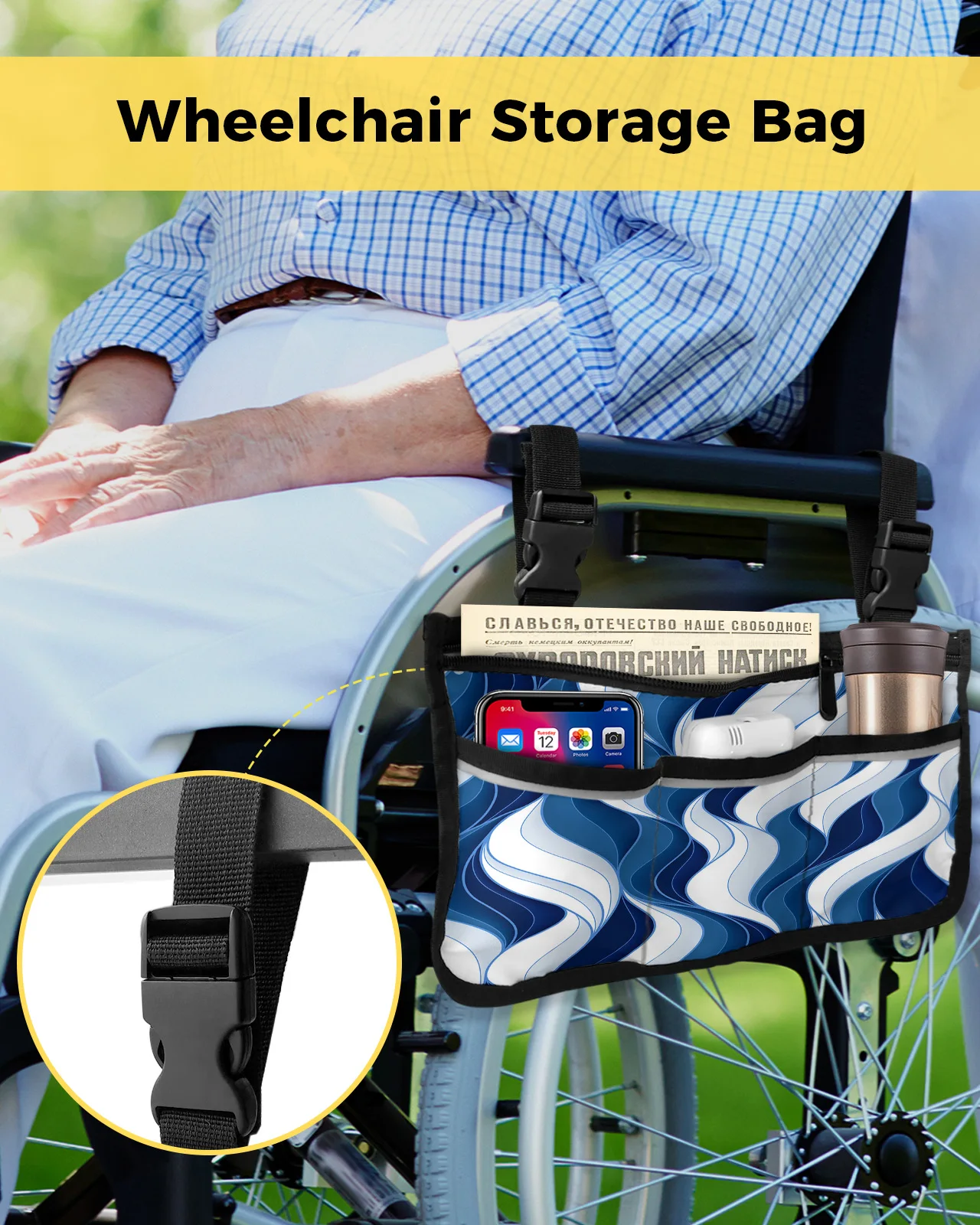 Dark Blue Wavy Abstract Lines Wheelchair Bag With Pockets Armrest Side Bags Electric Scooter Walking Frame Storage Pouch