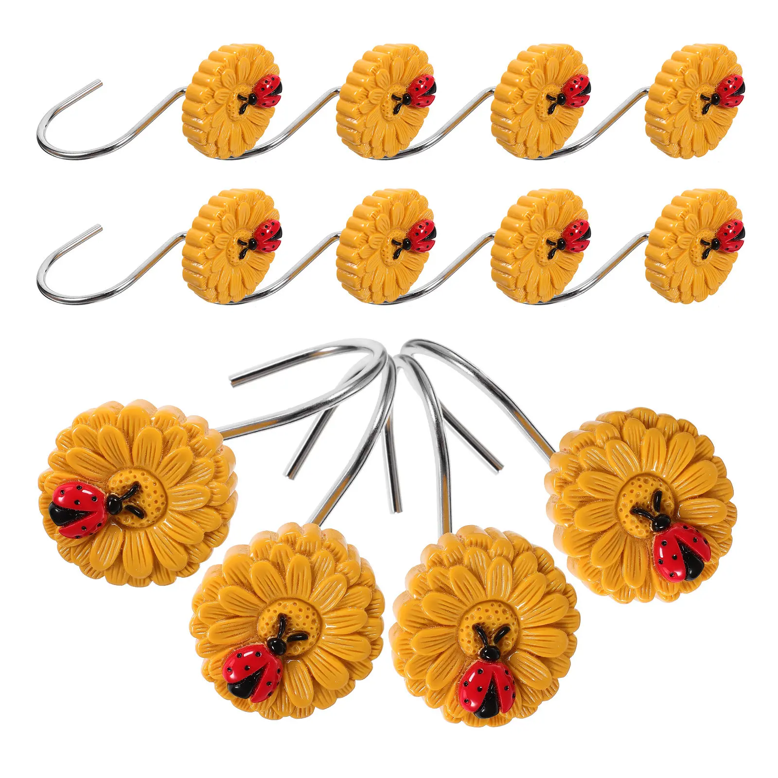 12Pcs Sunflower Ladybird Shower Curtain Hooks Decorative Curtain Hangers for Bathroom Bedroom Living Room Window Shower Curtains