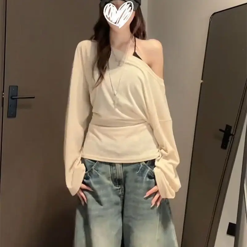Long Sleeved Slim Fit Loose T-shirt Summer New Y2k Sun Protection Cover Up Women Oulder Bared Asymmetrical Korean Trendy Top
