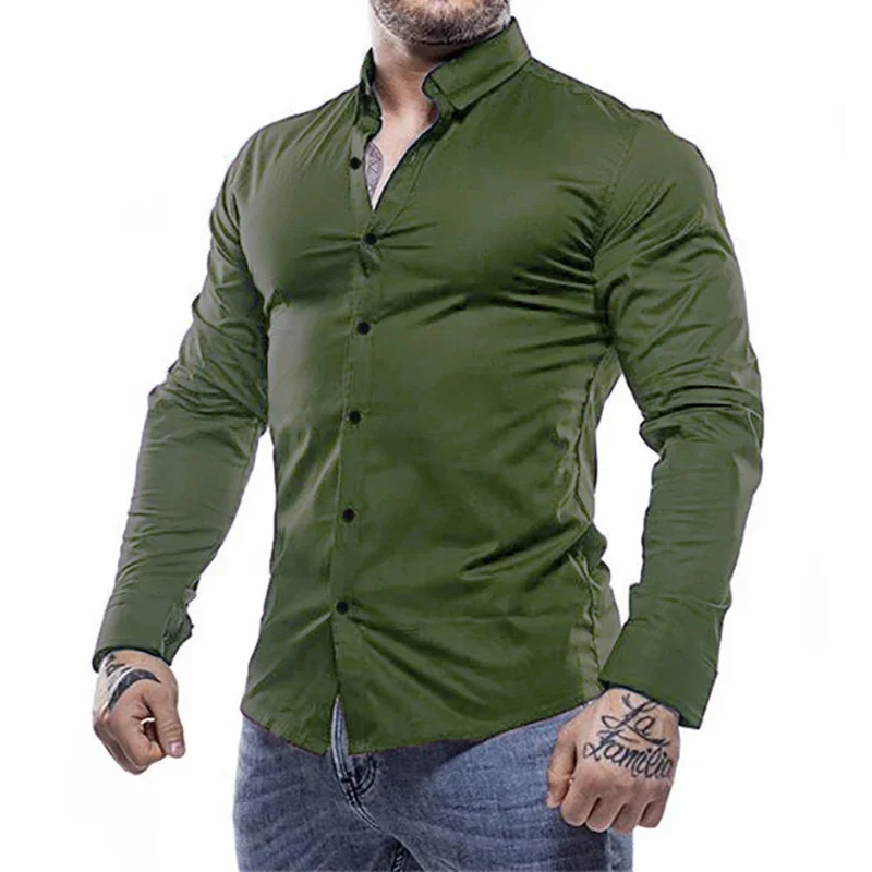 Men Long-sleeved Shirt Solid Slim Fit Autumn Breathable Casual Gym Workout Stretching Running Sports Fitness Sweat-wicking Shirt