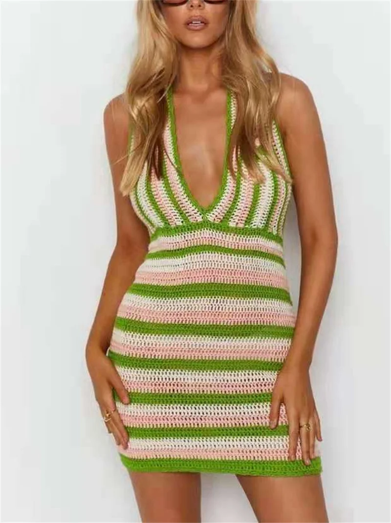 

Women's Halter Striped Knit Bodycon Dress Backless Deep V Summer Crochet Swimwear Beach Bikini Cover-Up Tunic Female Swimsuit