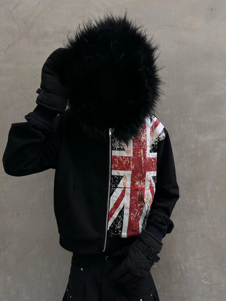 2025 Col En Cuir Drapeau National Imprimé Zipper Sweat À Manches Longues Pull À Capuche Rétro Veste Rue Y2K Populaire Haircoat
