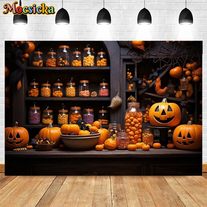 Mocsicka Halloween Candy Store Backdrop Trick or Treat Pumpkin Decor Kids Portrait Holiday Party Studio Photography Backgrounds