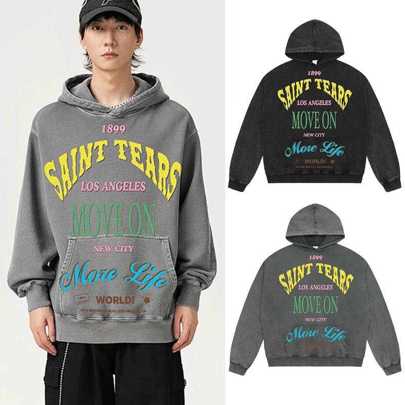 Washed Grey Black SAINT Hoodies Letter Printing Pocket Vintage Chaopai Men Woman Best Quality Casual Pullovers